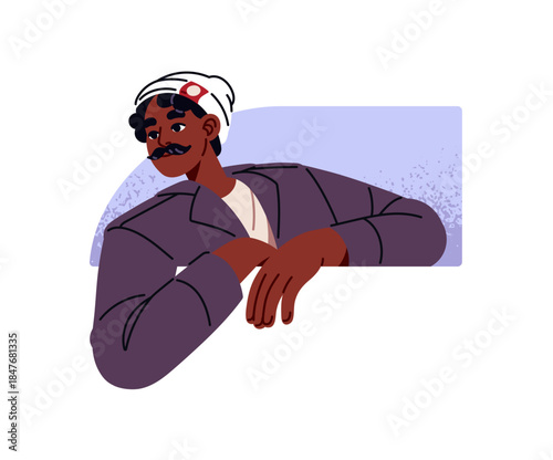Portrait of happy black man with mustache looking out car window. Curious person with hat is peeking outside. Interested boy peeps with curiosity. Flat isolated vector illustration on white background