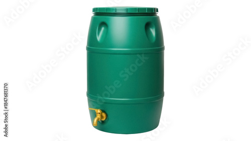 Valokuva Isolated green rainwater barrel with faucet for eco-friendly gardening and conse
