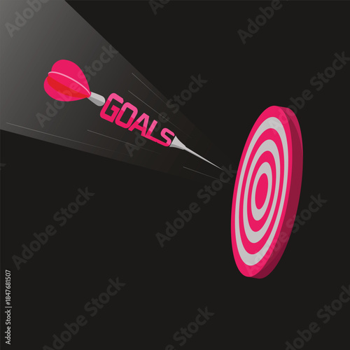 Arrow shaped as the word goals flying toward a target symbolizing focus, ambition, motivation, and achieving objectives in business and personal success