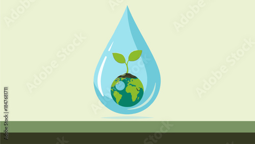 Sustainable Ecosystem A Water Droplet Nurturing the Earth with a Growing Plant, Symbolizing Growth and Renewal