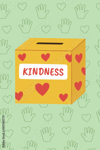 Yellow Kindness Donation Box with Red Hearts and Hand Prints Background for Charity Fundraising and Community Support
