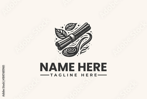 A black and white illustration of a logo with a cylindrical object, leaves, and swirling lines on a beige background, featuring placeholder text.