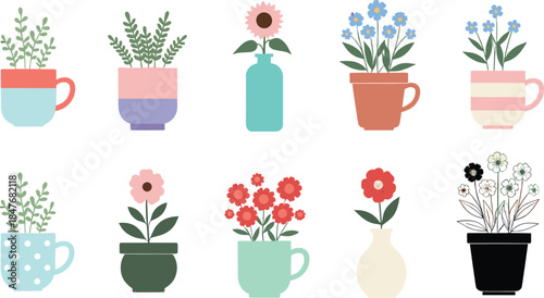 Minimal Flower and Plant Arrangement Set in Cups Pots and Vases with Soft Pastel Colors Flat Vector Illustration