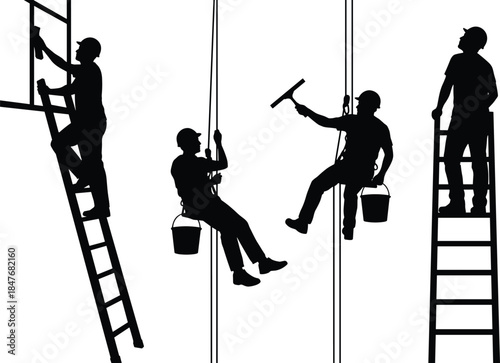 Window cleaner working silhouette, maintenance, construction, high-rise building, ladder, safety harness, rope access, occupation, service, worker.