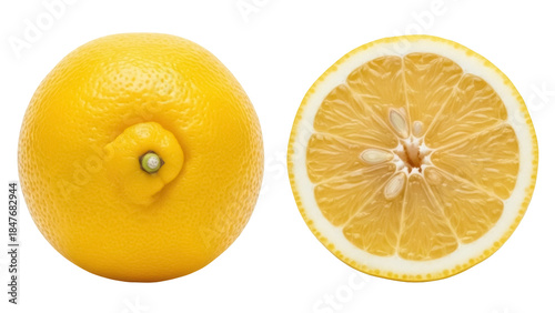 Canvastavla Isolated Meyer lemon citrus fruit, whole and halved section, with pulp and seeds