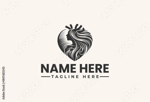 Black and white illustration of a stylized heart with a flame, accompanied by placeholder text on a beige background, in a vector logo design.