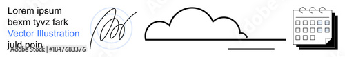 Digital documentation, cloud storage, time management, online approvals, workflow automation, file organization. Hand-drawn signature, cloud symbol and stacked calendar . Documentation and cloud