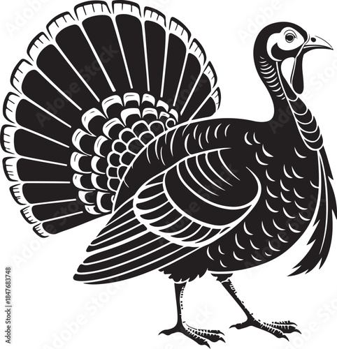 Turkey Domestic Bird Hand-drawn Sketch Drawing Vector Illustration, Line Linear Symbol Engraving Coloring Book, Black and White Isolate