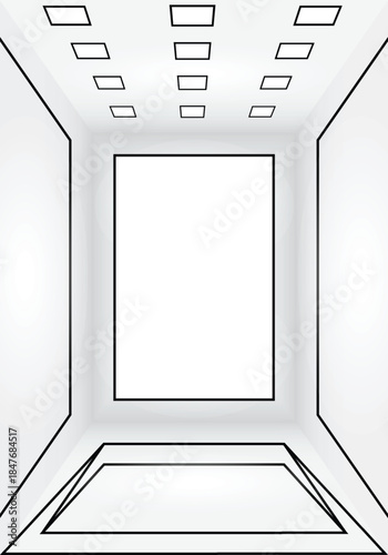 Print Large empty room with with square lights on the ceiling and lots of open blank empty space. White empty room with square lights.