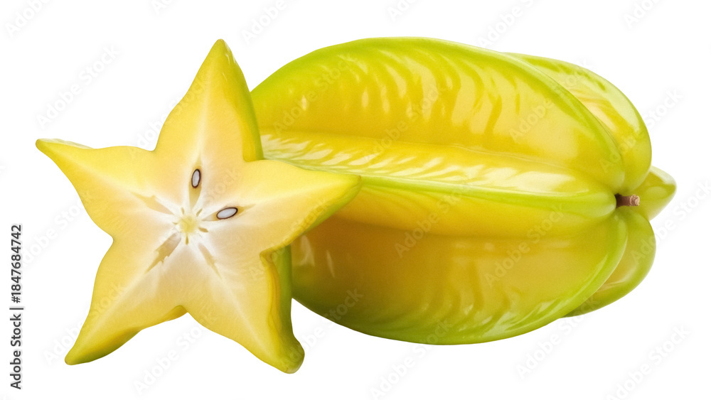Αυτοκόλλητο Isolated, close up of yellow starfruit or carambola fruit, one slice and one who