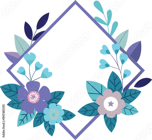 A decorative floral border with a geometric rhombus frame in purple and teal