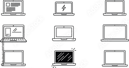 Collection of flat laptop line icons featuring various screen displays for computer technology digital work electronic devices and modern office equipment.