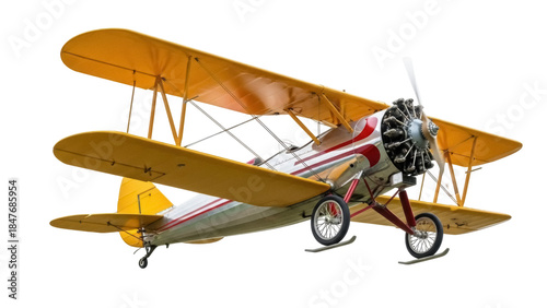Tablou pe pânză Isolated vintage biplane with yellow wings for transportation or recreation on d