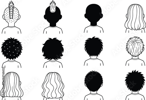 Collection of male hairstyle silhouettes from back view featuring curly wavy mohawk and short haircuts for barbershop branding and character design.