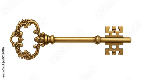 Isolated ornate antique key, intricate lock mechanism, vintage gold metal, elegant design