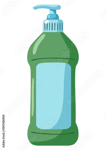 Single green bottle with pump dispenser of household chemicals. Liquid container for hygiene product. Clear label area for branding.