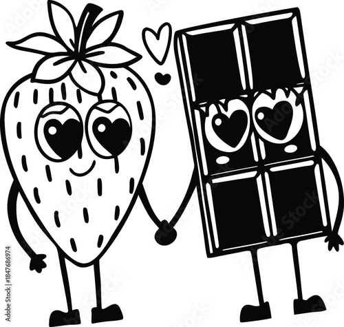 Strawberry and Chocolate Bar Characters Holding Hands Sweet Love Vector
