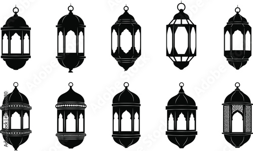 Islamic Lantern and Mosque Silhouette Vector Set, Traditional Arabic Fanous Lamps, Ramadan Kareem Decorations, Eid Mubarak Religious Architectural Elements, Black Outline Graphics