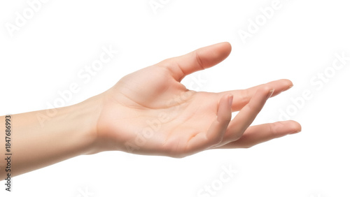 Cuadro en lienzo Isolated hand of a fair-skinned person reaching, beckoning gesture, palm open an