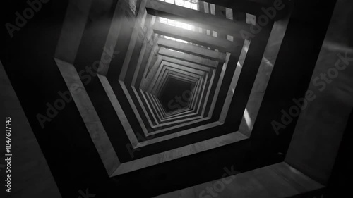 Captivating monochromatic perspective down a brutalist concrete shaft, showcasing the raw and powerful geometric forms of Brutalism architecture in an urban setting