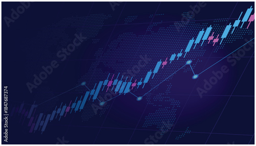 Global stock market uptrend with candlestick chart on dark background