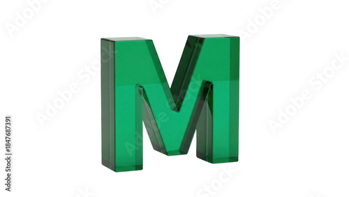 Isolated Green Letter M Standing Solidly, Acrylic 3D Character, One Single Object, Unique Design