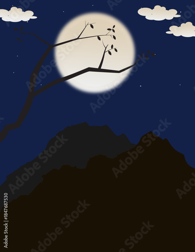 Beautiful Night Landscape Illustration Featuring a Large Full Moon Shining Over Dark Mountain Silhouettes with a Bare Tree Branch and Clouds in a Starry Blue Sky