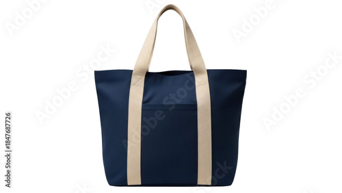 Isolated navy blue tote bag with beige straps for casual shopping and travel, no background