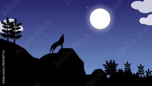 Silhouette of a Wolf Howling at the Glowing Full Moon on a Starry Night Sky with Pine Trees and Mountain Landscape