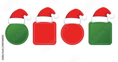 Set of blank Christmas labels with Santa hats on green and red round and square shapes, fun festive tags for holiday sales, gift stickers, banners, invitations, and winter promotions.