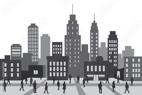 Urban City Skyline with Walking People Silhouettes, Modern Downtown Business Illustration in Gray Tones
