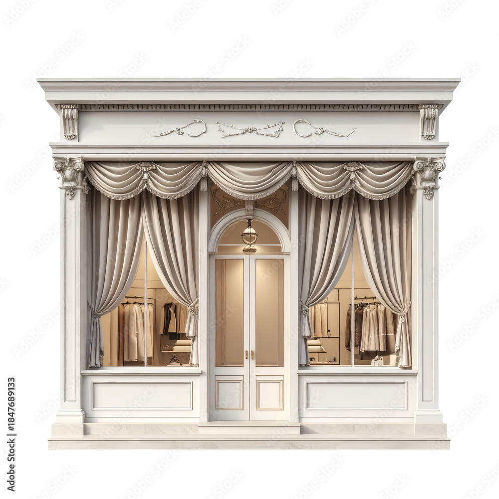 Obraz premium Elegant boutique front facade, soft lighting, draping, and ornate architectural details