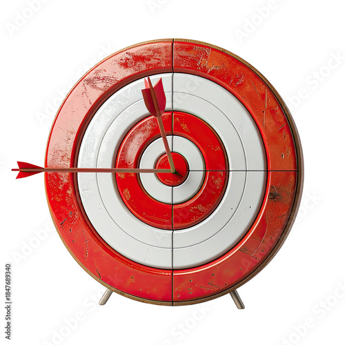 A red and white target with two arrows, one hitting the bullseye