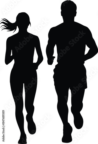 Man and woman running together in fitness silhouette