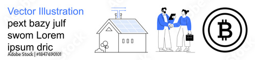 Renewable energy, cryptocurrency transactions, eco-friendly solutions, blockchain, business partnerships, digital currency trends. A smart home paired with a handshake and Bitcoin logo. Renewable