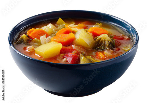 vegetable soup in a deep dark blue bowl with colorful ingredients and rich warm detailed presentation