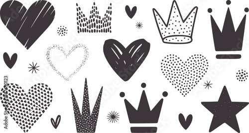 Black and white abstract hearts crowns and stars collection