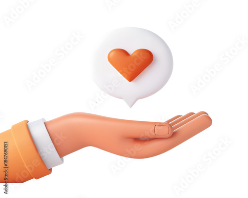 3D cartoon hand with floating heart speech bubble symbolizing care love and emotional expression