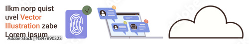 Data security, cloud services, communication technology, online conversations, identity verification, technology solutions. Fingerprint icon, chat interface and cloud outline. Data security