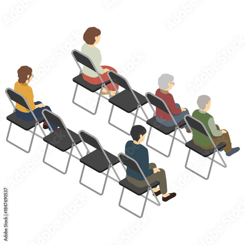 アイソメトリックイラスト：パイプ椅子に座る人(後ろ)