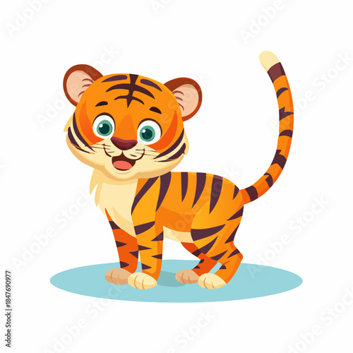 Cute cartoon tiger cub with big green eyes standing on blue oval