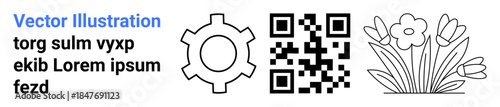 Gear shape, QR code pattern, and floral artwork alongside placeholder text. Ideal for technology, nature, innovation, coding, branding, customization simple landing page
