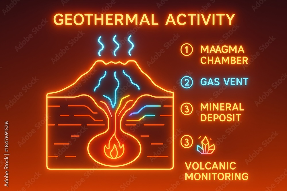 Fototapeta premium Geothermal Activity Volcano Monitoring Infographic with Magma Chamber and Gas Release