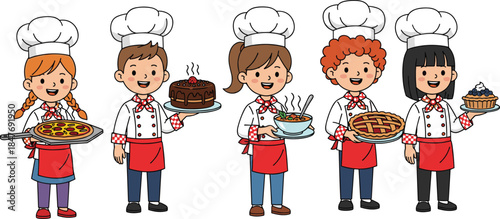 Cute cartoon kids chefs cooking food, children baker illustration, young cooks holding pizza cake soup pie cupcake, cooking class, bakery kitchen, food education