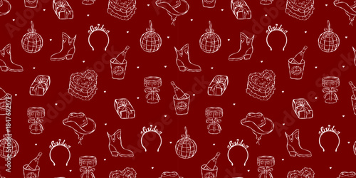 Romantic bridal seamless pattern with cowboy boot, heart cake, champagne, gift, disco ball and bride accessories, perfect for bachelorette decor, wrapping and party stationery