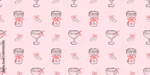 Valentine seamless pattern with cocktail glasses and cherry bows on a soft pink background, perfect for party, birthday, wedding and bachelorette decoration, packaging and vector design projects