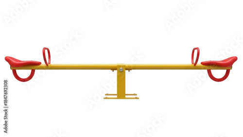 Tableau sur toile Isolated seesaw playground equipment with metal frame, red seat, yellow bar, for