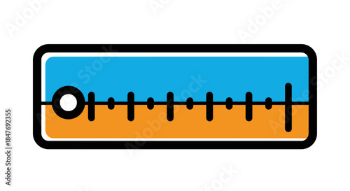 Colorful sewing gauge illustration with bold black outlines, isolated on white background, featuring vibrant blue and orange sections