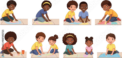 Group of diverse happy children drawing colorful chalk art on pavement, outdoor creative kids activity, smiling boys and girls artwork