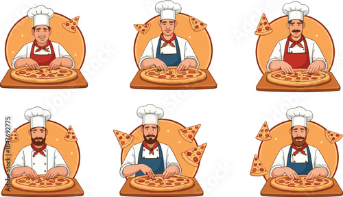 Cartoon professional chefs preparing delicious pizzas with floating slices, culinary illustration of pizza makers in uniform for restaurant and food industry design